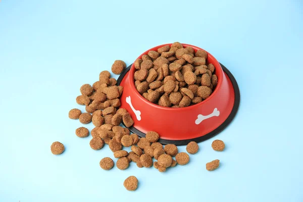Dry Dog Food Feeding Bowl Light Blue Background — Stock Photo, Image