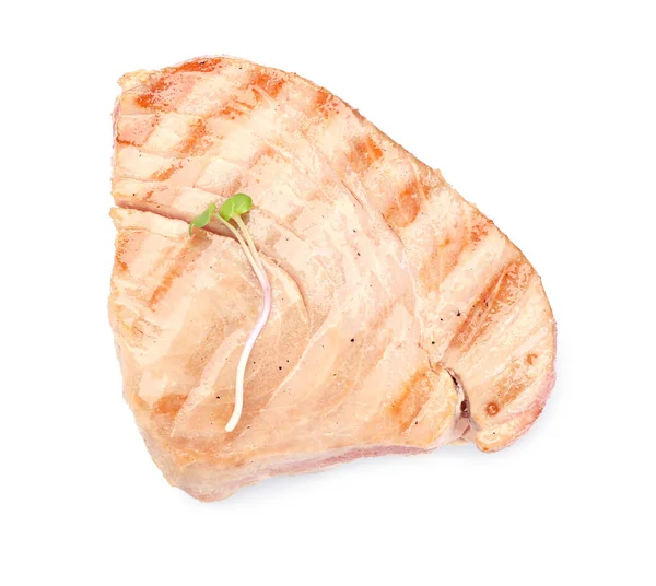 Délicieux Steak Thon Avec Microvert Isolé Sur Blanc Vue Dessus — Photo