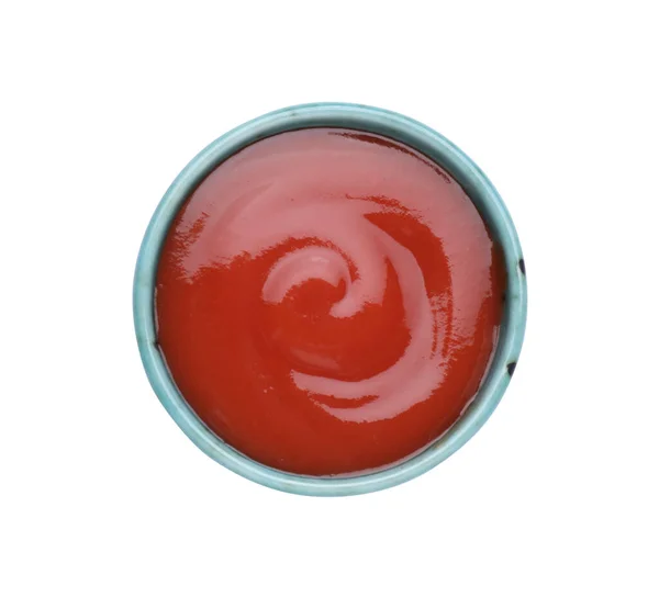 Tigela Ketchup Saboroso Isolado Branco Vista Superior Molho Tomate — Fotografia de Stock