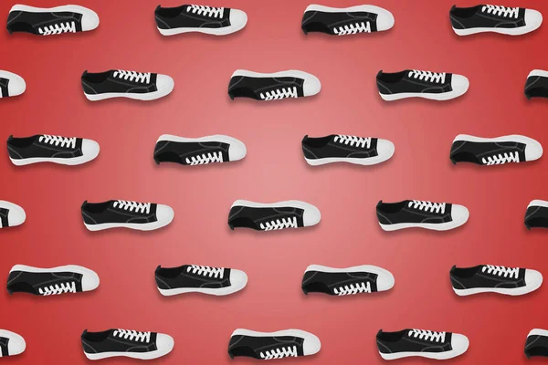 Collage Classic Old School Black Sneakers Red Background — Stock Photo, Image