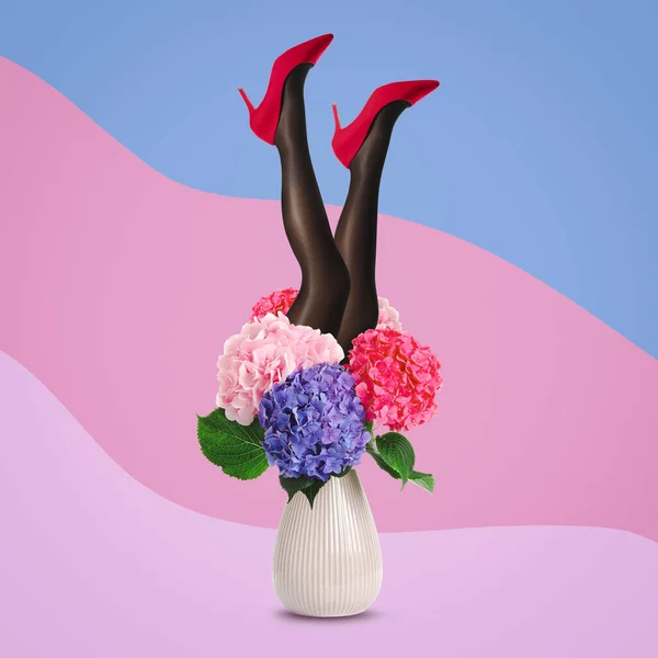 Colagem Arte Criativa Sobre Feminilidade Estilo Moda Mulher Saindo Vaso — Fotografia de Stock