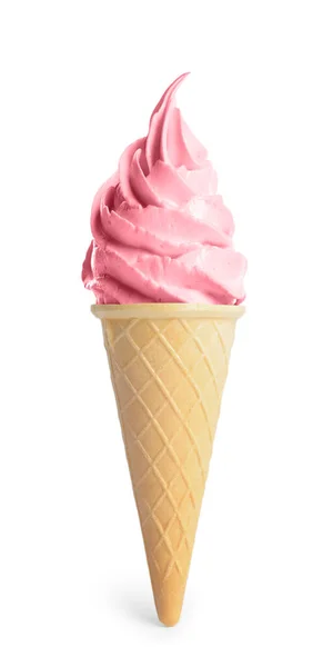 하얗게 바삭바삭 원추체에 달콤하고 부드러운 아이스크림을 내놓는다 — 스톡 사진