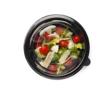 Konteynırdaki lezzetli yiyecekler beyaz, üst manzara