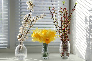 Sarı nergisler ve cam kenarındaki vazolarda güzel dallar