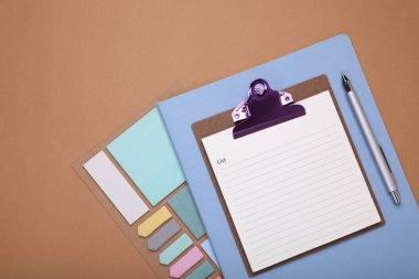 To do notes, stationery and planner on brown background, flat lay. Space for text clipart