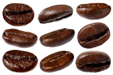 Aromatik kavrulmuş kahve çekirdekleri beyaz üzerine izole edilmiş.