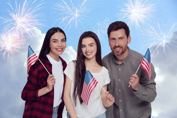 4Th July Independence Day America Happy Family Holding National Flags — Stock Photo, Image