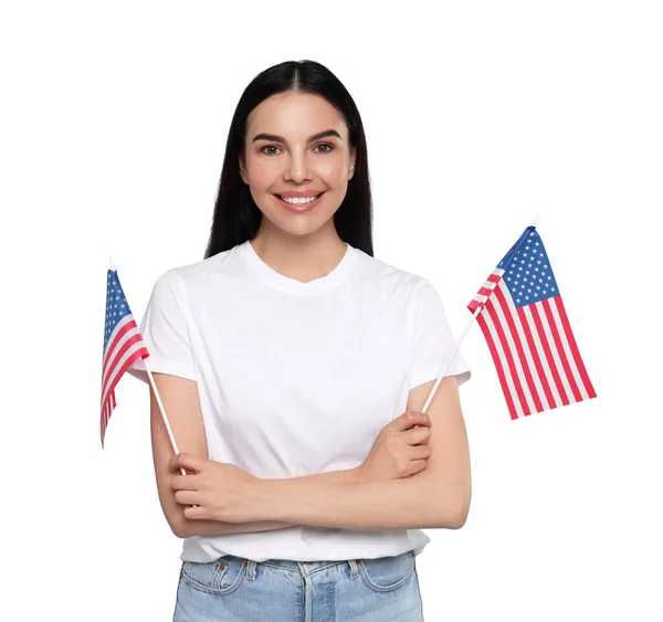 Julio Día Independencia América Mujer Feliz Sosteniendo Banderas Nacionales Estados —  Fotos de Stock