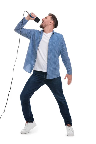 Handsome Man Microphone Singing White Background — Stock Photo, Image