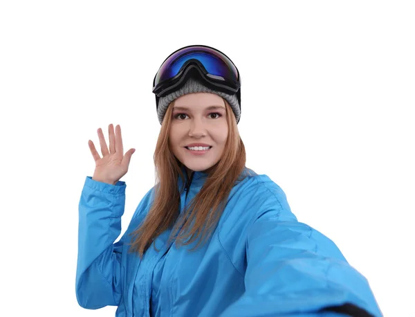 Hermosa Mujer Gafas Esquí Tomando Selfie Sobre Fondo Blanco —  Fotos de Stock