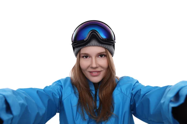 Schöne Frau Mit Skibrille Macht Selfie Auf Weißem Hintergrund — Stockfoto