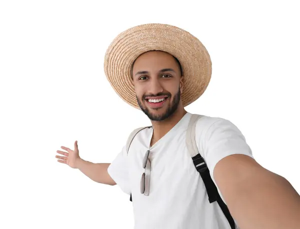 Χαμογελαστός Νεαρός Ψάθινο Καπέλο Που Βγάζει Selfie Λευκό Φόντο — Φωτογραφία Αρχείου
