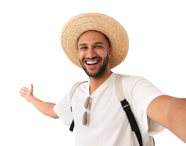Sorrindo Jovem Chapéu Palha Tomando Selfie Fundo Branco — Fotografia de Stock