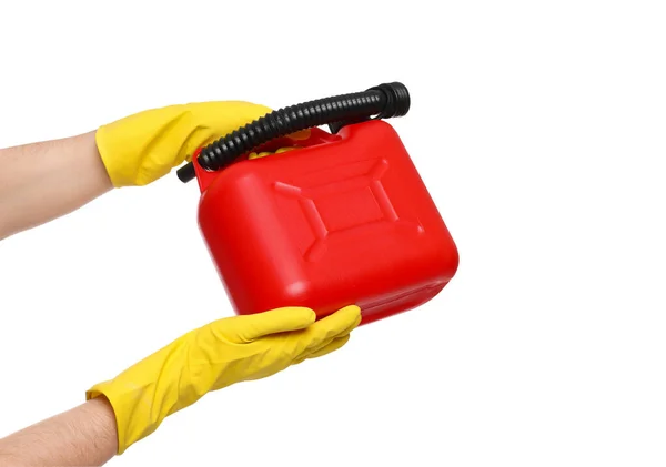 Mężczyzna Gumowych Rękawiczkach Czerwonym Kanistrem Białym Tle Zbliżenie — Zdjęcie stockowe