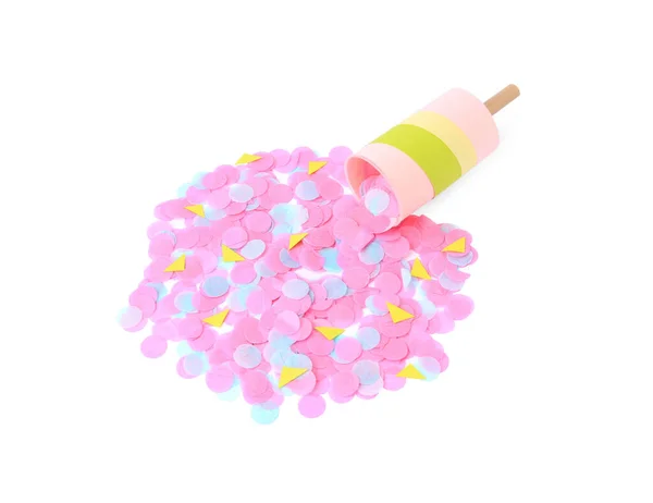 Confete Colorido Com Cracker Partido Brilhante Isolado Branco Vista Acima — Fotografia de Stock