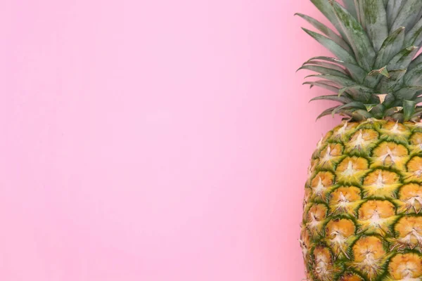 stock image Delicious ripe pineapple on pink background, top view. Space for text