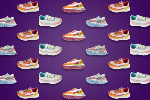 Collage Zapatillas Deporte Con Estilo Brillante Sobre Fondo Púrpura Diferentes — Foto de Stock