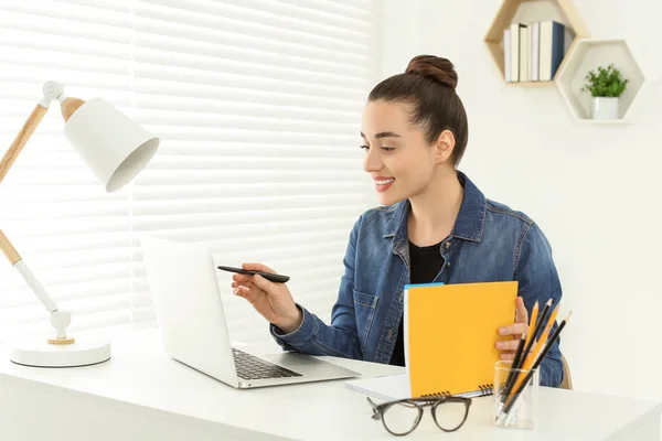 Home Workplace Happy Woman Working Laptop White Desk Room — Foto Stock