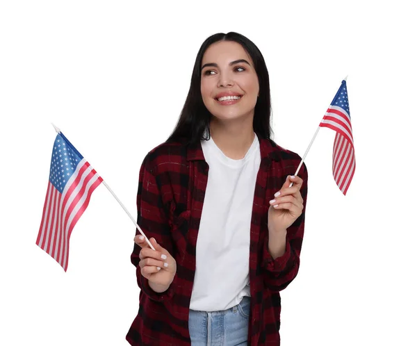 Ιουλίου Ημέρα Ανεξαρτησίας Της Αμερικής Ευτυχισμένη Γυναίκα Κρατώντας Εθνικές Σημαίες — Φωτογραφία Αρχείου