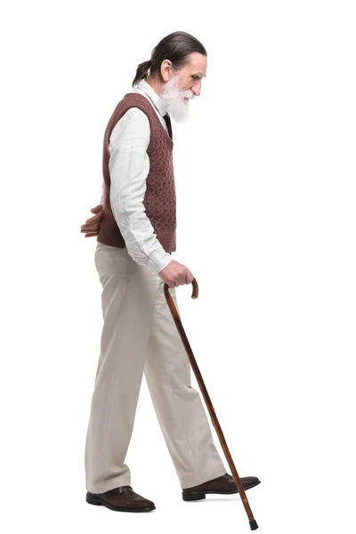 白い背景に杖を持つシニア男 — ストック写真