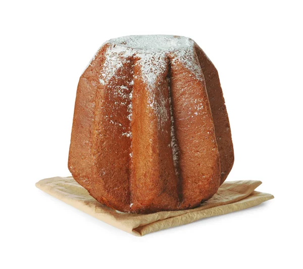 stock image Delicious Pandoro cake decorated with powdered sugar isolated on white. Traditional Italian pastry