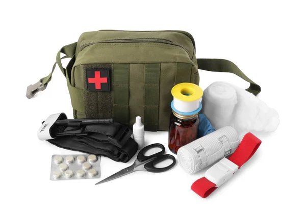 Military First Aid Kit Tourniquet Pills Tools White Background — Stock Photo, Image