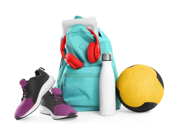 Backpack Sports Equipment White Background — стоковое фото