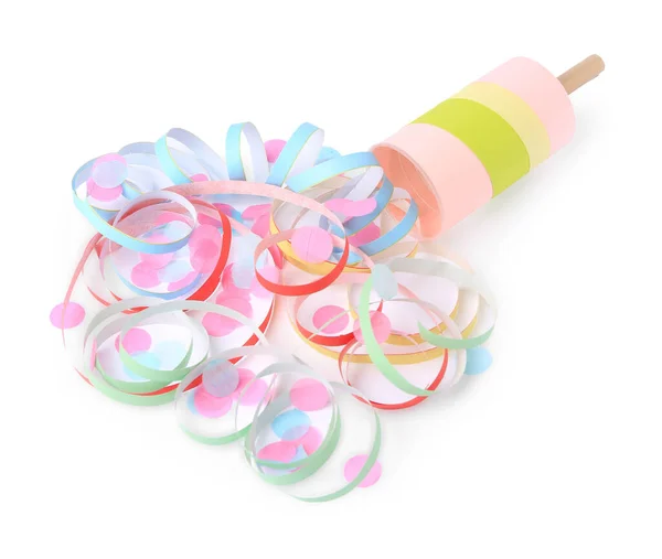 Confete Colorido Streamers Com Cracker Partido Brilhante Isolado Branco Vista — Fotografia de Stock