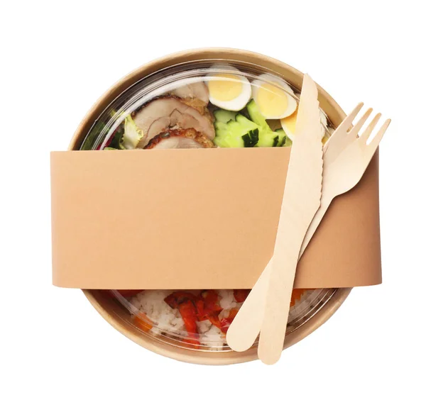 Tasty Food Container Wooden Fork Knife Isolated White Top View — Stock Photo, Image