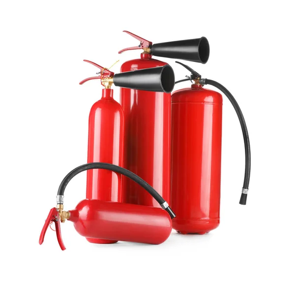 Muchos Extintores Rojos Sobre Fondo Blanco — Foto de Stock