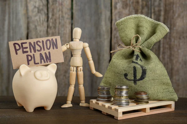 Card Phrase Pension Plan Stacks Coins Piggy Bank Mannequin Sack — Stock Photo, Image