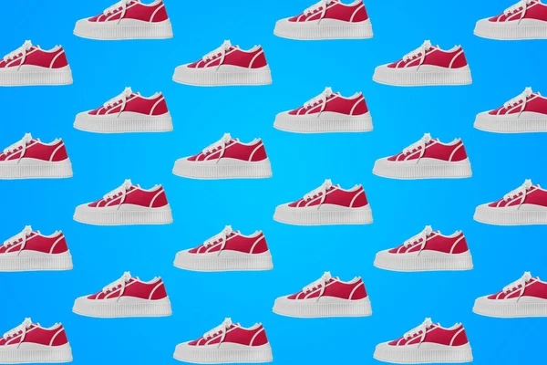 Collage Classic Old School Red Sneakers Light Blue Background — Stock Photo, Image