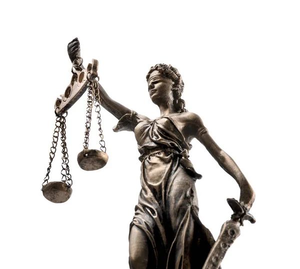 Statua Pani Sprawiedliwości Odizolowana Białym Niskim Kącie Widzenia Symbol Sprawiedliwego — Zdjęcie stockowe