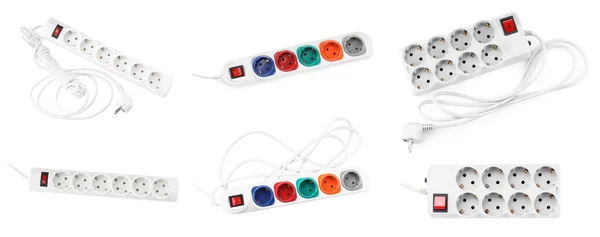 stock image Set of different power strips on white background, top view