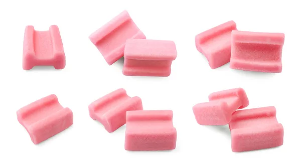 Set Van Smakelijke Roze Kauwgom Witte Achtergrond — Stockfoto