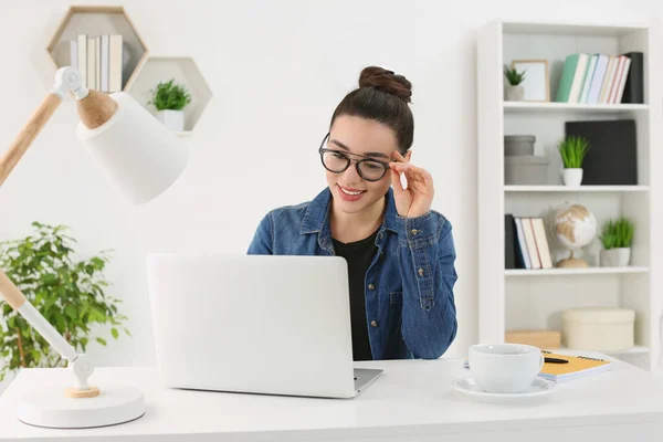Home Workplace Happy Woman Working Laptop White Desk Room — Foto Stock