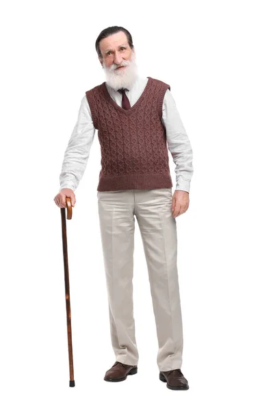 Starszy Mężczyzna Laską Białym Tle — Zdjęcie stockowe