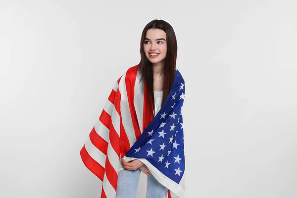 4Th July Independence Day Usa Happy Girl American Flag White — Stock Photo, Image