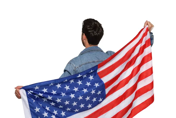 Juli Självständighetsdagen Amerika Man Som Innehar Nationell Flagga Usa Vit — Stockfoto