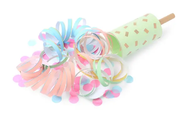 Confete Colorido Streamers Com Cracker Partido Brilhante Isolado Branco Vista — Fotografia de Stock