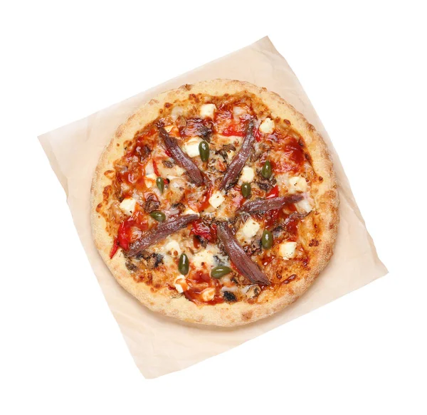 Pizza Saborosa Com Anchovas Rúcula Azeitonas Isoladas Branco Vista Superior — Fotografia de Stock
