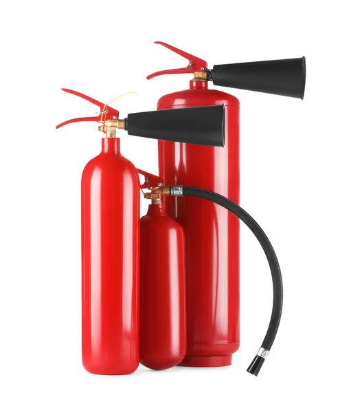 Három Piros Tűzoltó Készülék Fehér Alapon — Stock Fotó