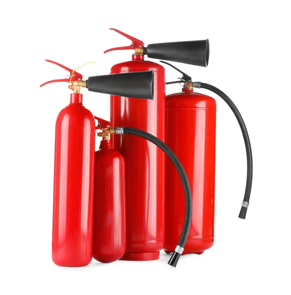 Muchos Extintores Rojos Sobre Fondo Blanco —  Fotos de Stock