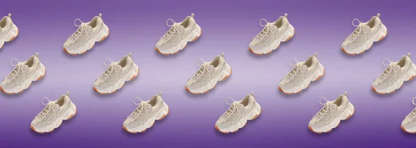 Collage of stylish sneakers on purple background. Banner design