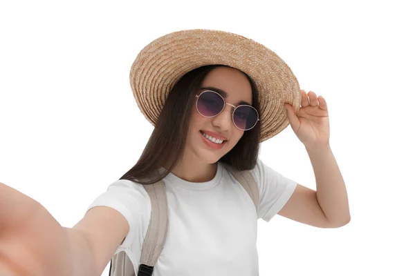 Glimlachende Jonge Vrouw Zonnebril Stro Hoed Nemen Selfie Witte Achtergrond — Stockfoto