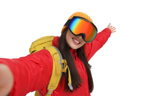 Mujer Sonriente Gafas Esquí Tomando Selfie Sobre Fondo Blanco —  Fotos de Stock