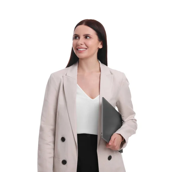 Piękna Bizneswoman Garniturze Laptopem Białym Tle — Zdjęcie stockowe
