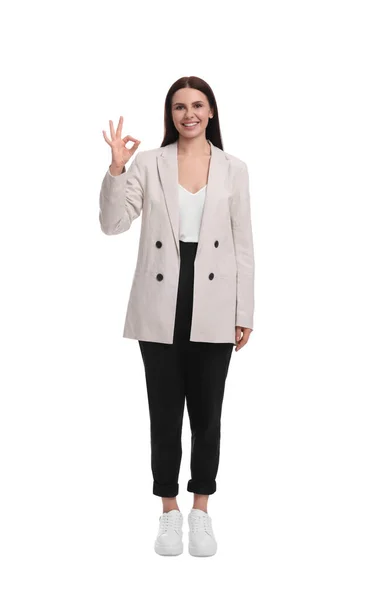 Schöne Geschäftsfrau Anzug Zeigt Geste Auf Weißem Hintergrund — Stockfoto