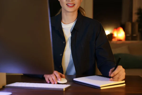 Home Workplace Woman Working Computer Wooden Desk Indoors Closeup — Stock Photo, Image