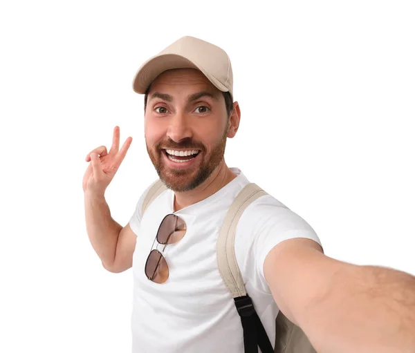 Leende Man Som Tar Selfie Och Visar Fred Tecken Vit — Stockfoto